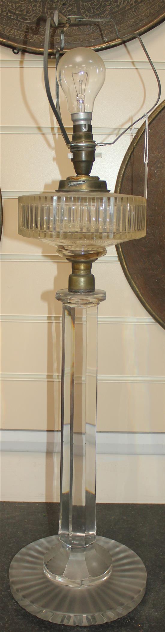 A tall Edwardian cut and frosted glass oil lamp base, 73.5cm to top of fittings